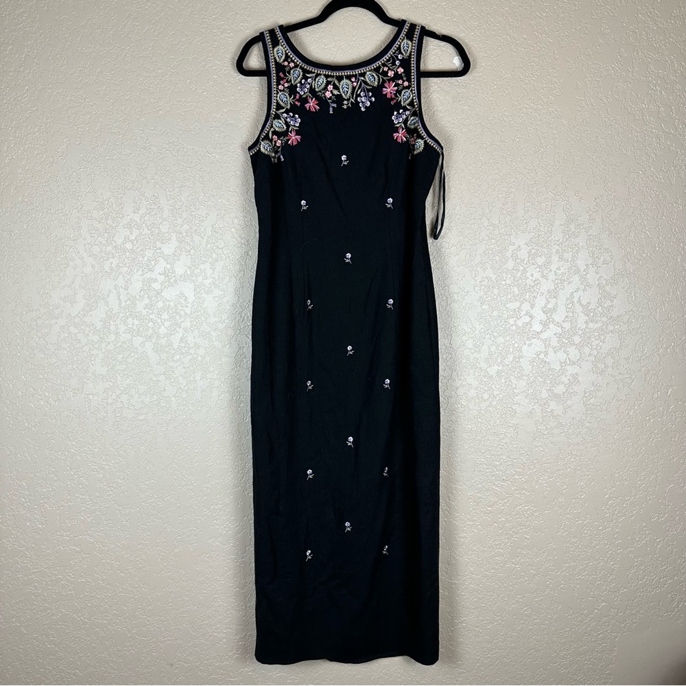 Vintage floral embroidered linen maxi dress